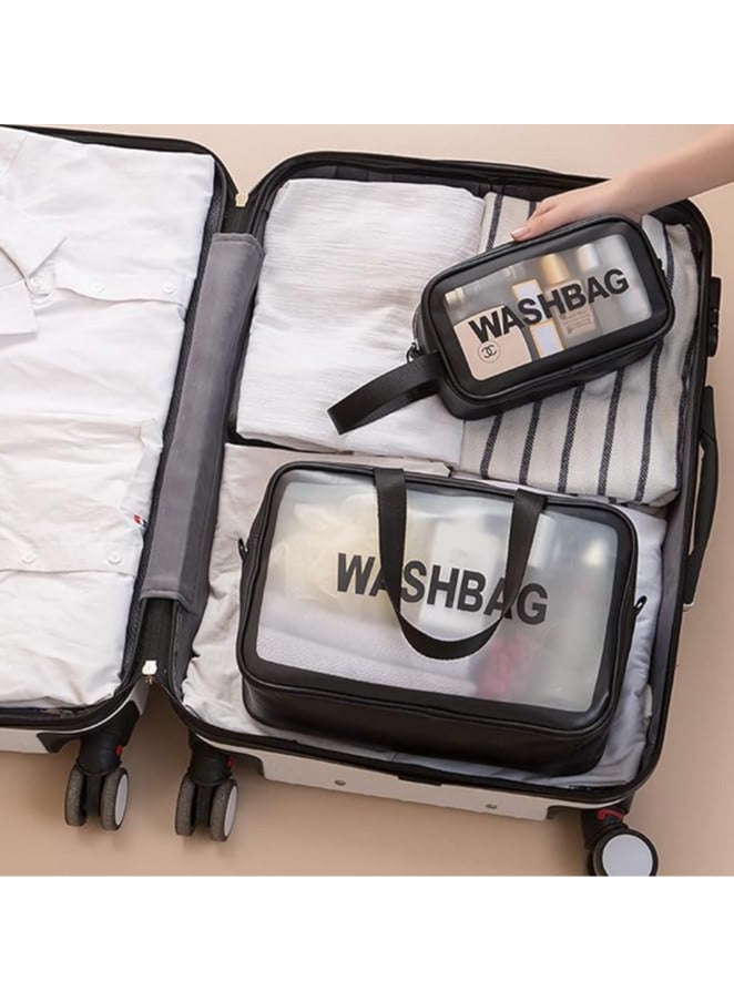 Toiletry Bags - Waterproof Cosmetic Laundry Bag Zipper Makeup For Women And Girls 3 Pieces Travel & Holiday Accessories PVC plastic and eco-friendly polyurethane leather Transparent  (Black ) - Image 3